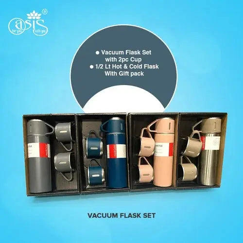 Vacuum Flask Gift Set – 500ml Insulated Stainless Steel Bottle with 2 Cups emmymart