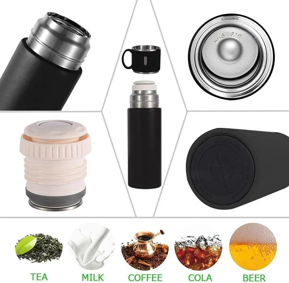 Vacuum Flask Gift Set – 500ml Insulated Stainless Steel Bottle with 2 Cups emmymart